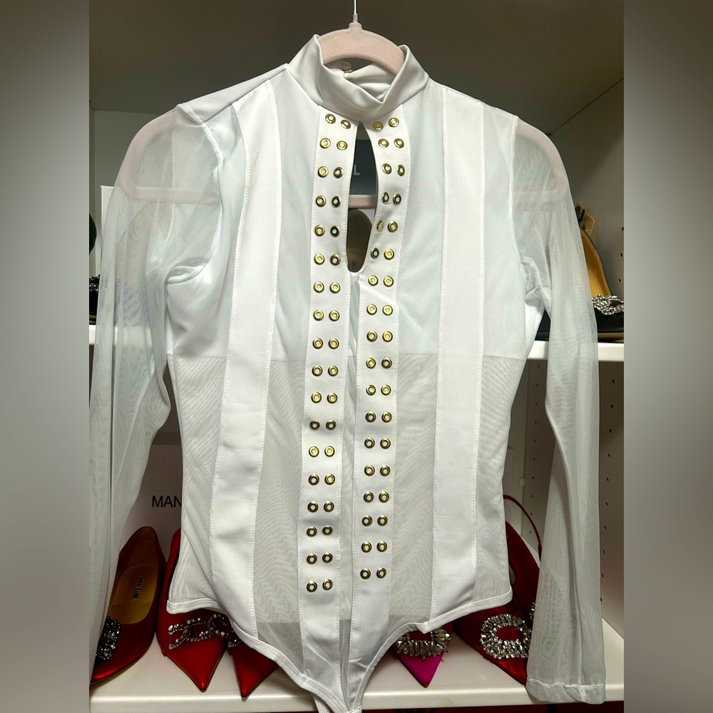 White Long Sleeve  bodysuit with Gold Accents